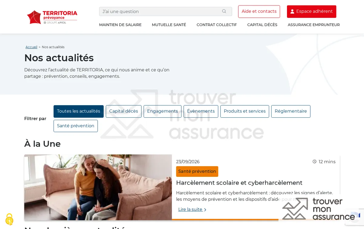 Capture : Nos actualités et informations réglementaires - TERRITORIA prévoyance